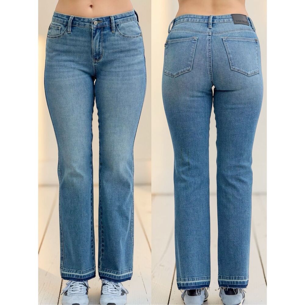 Judy Blue Mid Rise Bootcut Jeans Tummy Control Stretch Denim Raw Hem NWT - Picture 2 of 13
